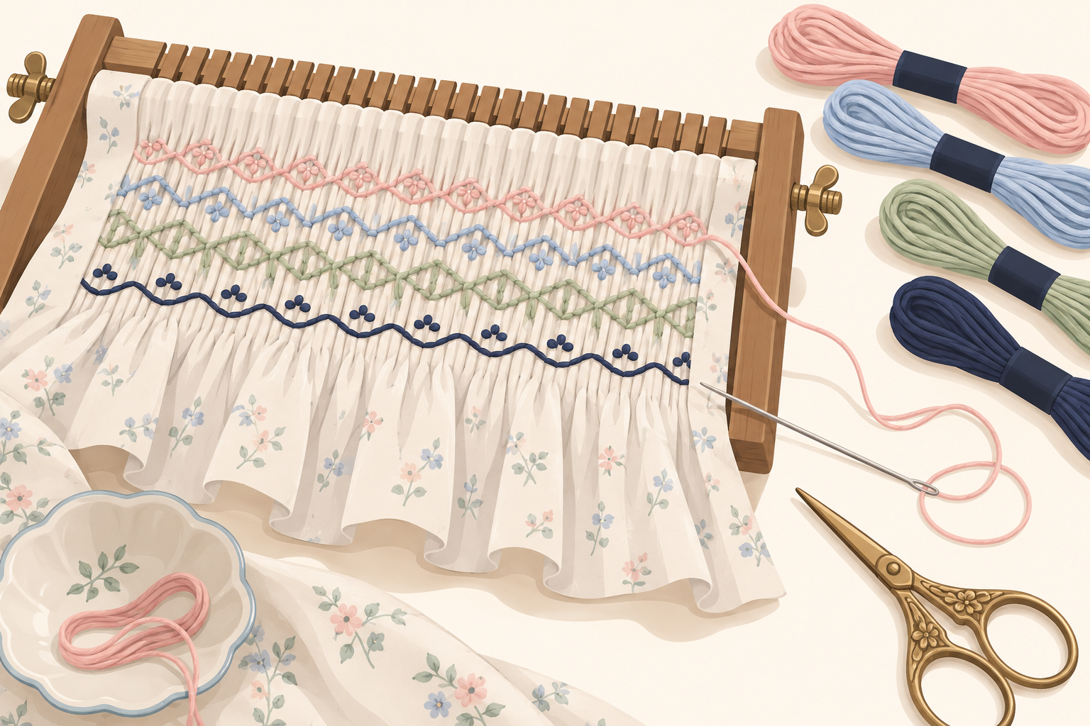 A pleated strip of pastel fabric with cable and wave smocking stitches, a threaded needle and skeins of floss