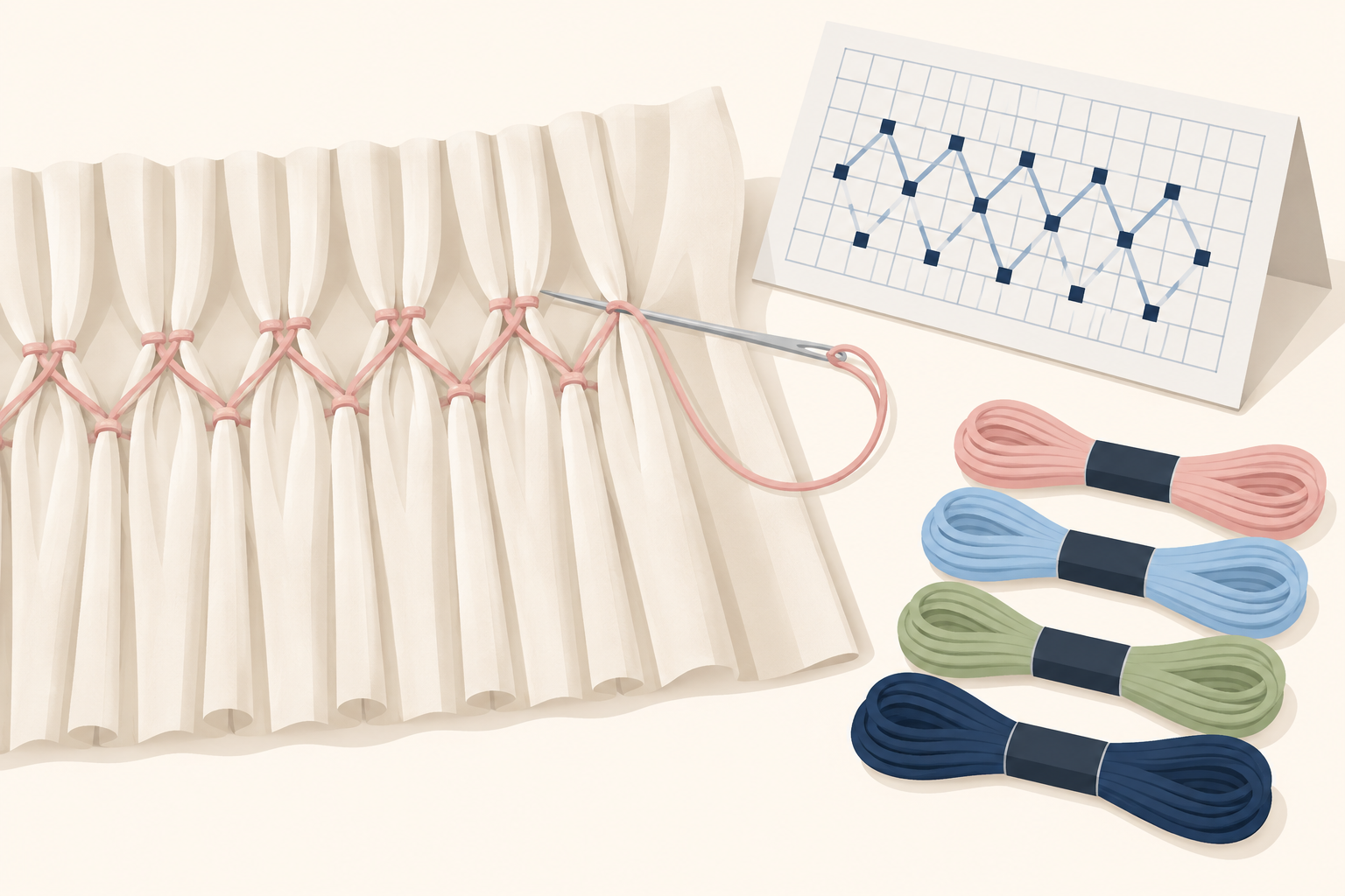 A pleated strip, a needle and a folded graph plate for learning smocking