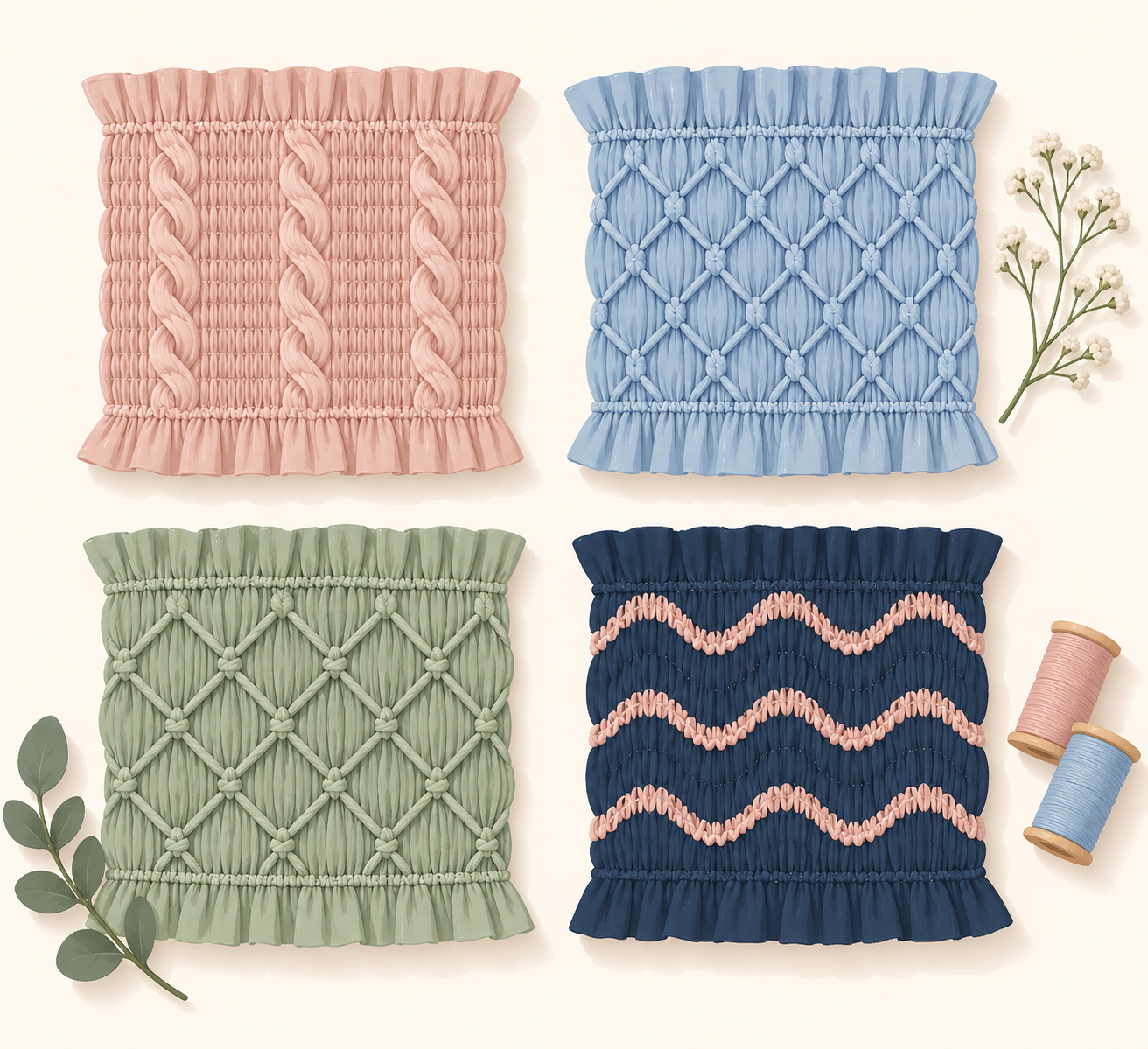Small smocked panels with cable, honeycomb, trellis and wave stitches